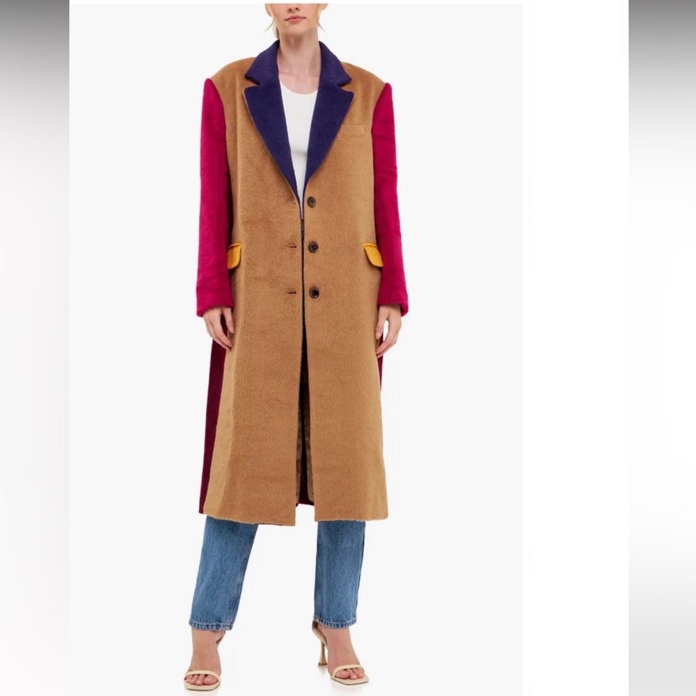 English Factory Tan Camel Multi Color Block Trench Coat SZ XS/S Oversized NWT